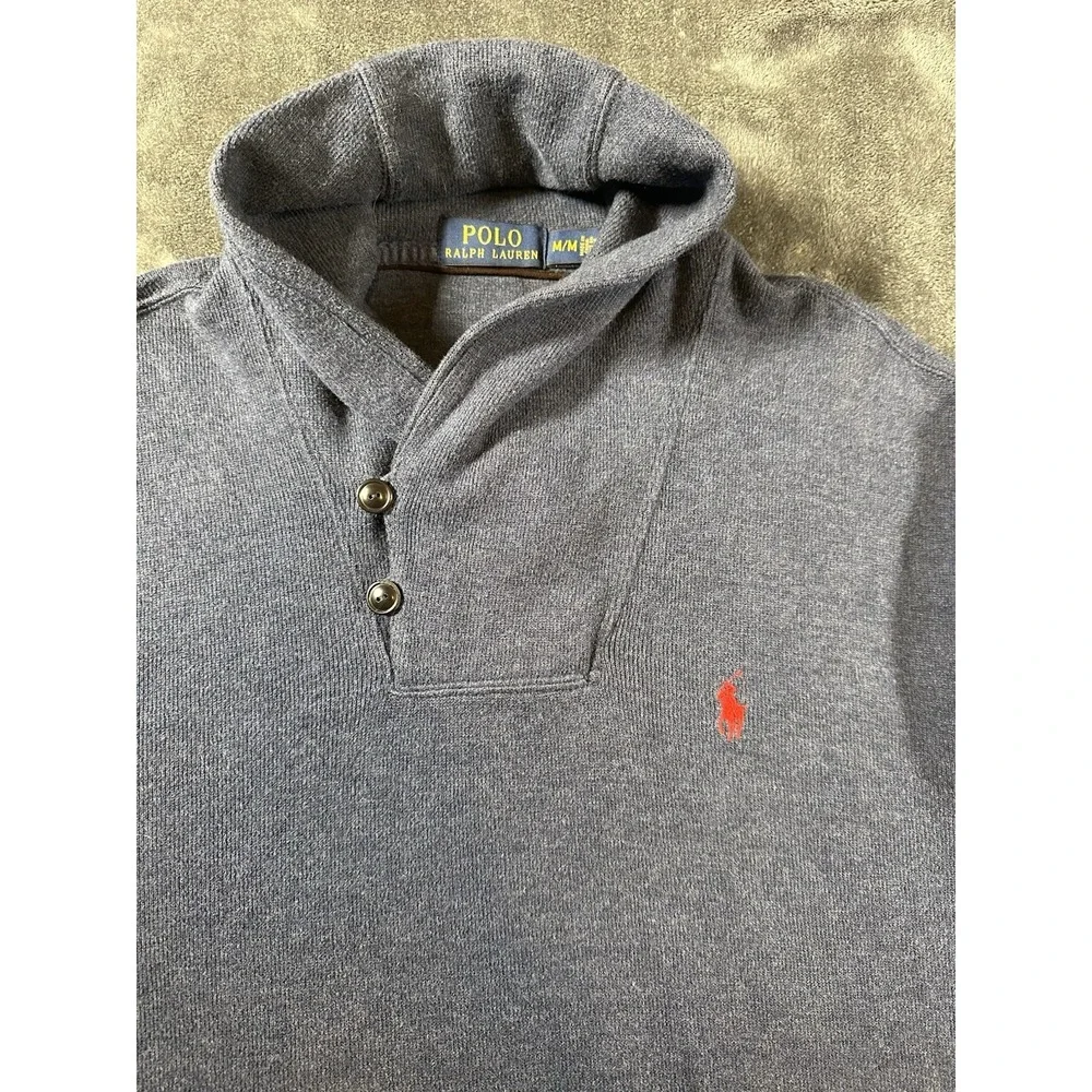 POLO Ralph Lauren Sweater Mens Gray Large 100% Cotton 2 Button Collar Neck